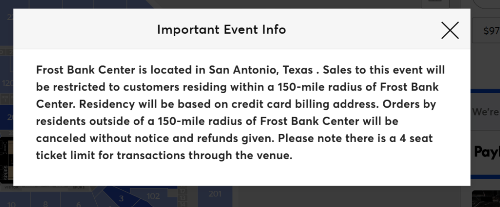 image • Predictions and Warnings Modal dialog titled Important Event Info with event details about Frost Bank Center location, residency rules, and 4-ticket limit.