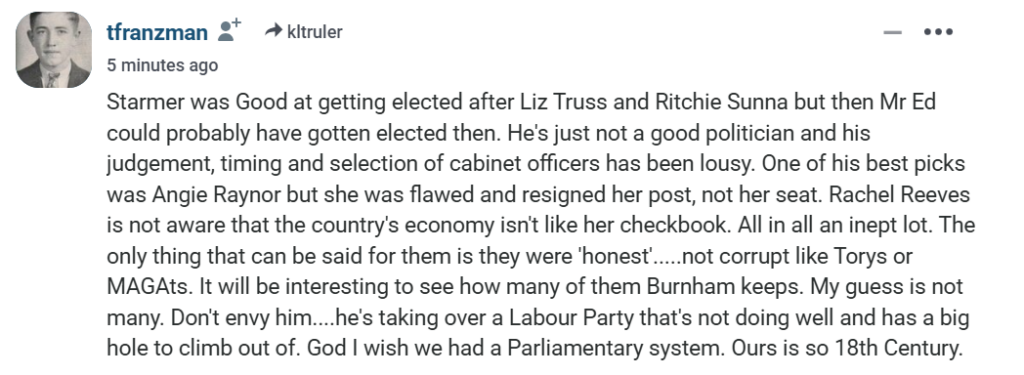 image • Predictions and Warnings Screenshot of a social media post by tfranzman criticizing Starmer and UK politics.